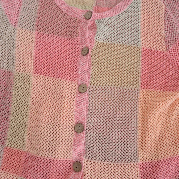 Vintage Christopher & Banks Pink Tan Fishnet Knit Button Up Cardigan Sweater 1X - Picture 7 of 10